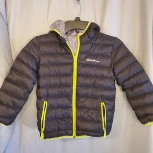 Eddie Bauer‎ Reversible Puffer Jacket Boys XS 5/6 Black Hooded Full Zip Grey